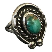Vintage 70s Sterling Silver Turquoise Ring Size 5 Beaded Rope Bezel Navajo 4.5 g