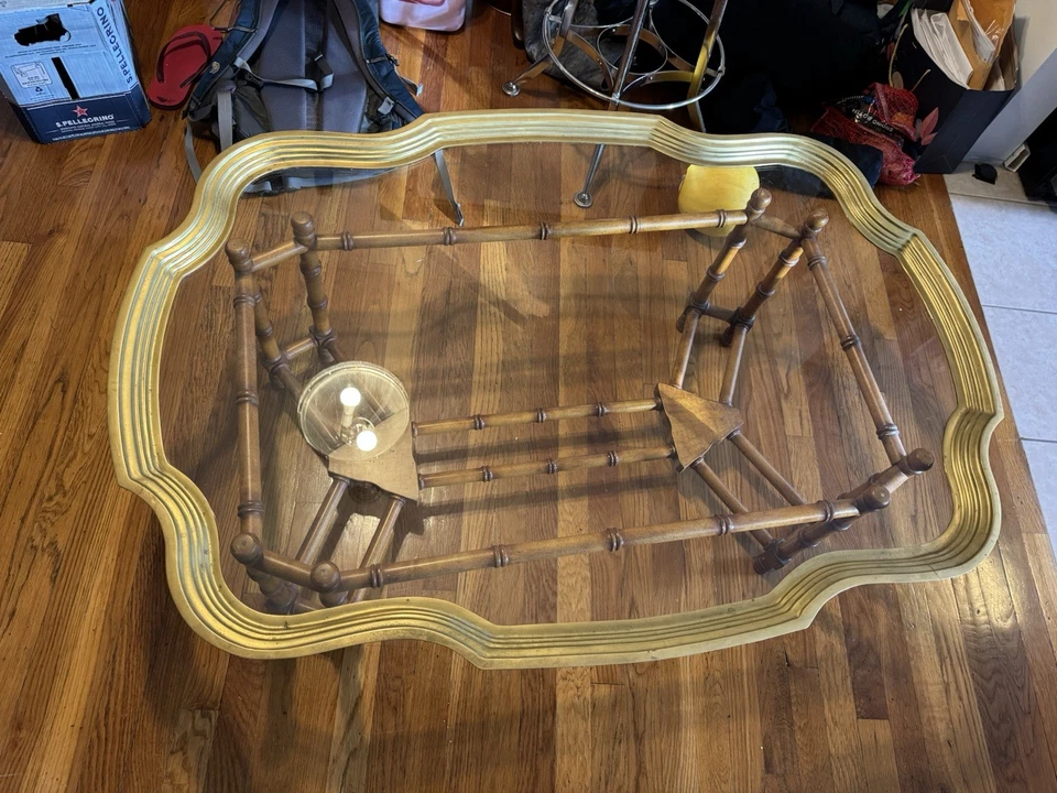 Regency Style  Brass Frame Glass Top Coffee Table Faux Bamboo Base - Image 2 of 4