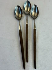 Vtg Epic Flatware 3 Iced Ice Tea Spoons Faux Wood Handles Canoe Japan MCM
