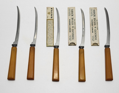5 Henrys Original Tomato Steak Knives Butterscotch Bakelite Handles Kitchen Cook