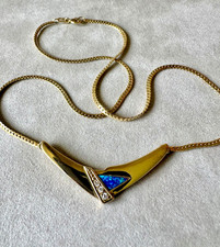 VINTAGE 9ct GOLD NATURAL BLACK OPAL DIAMOND PENDANT NECKLACE 6.3g FULL H'MARK