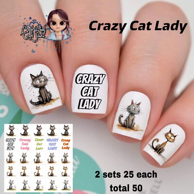 Crazy Cat Lady  Waterslide Nail Decals Set Of 50 Instructions And Bonus