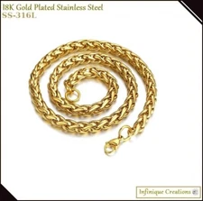 Stainless Steel Wheat Braided Chain 18K Gold Plated 7-38" Men Bracelet Necklace