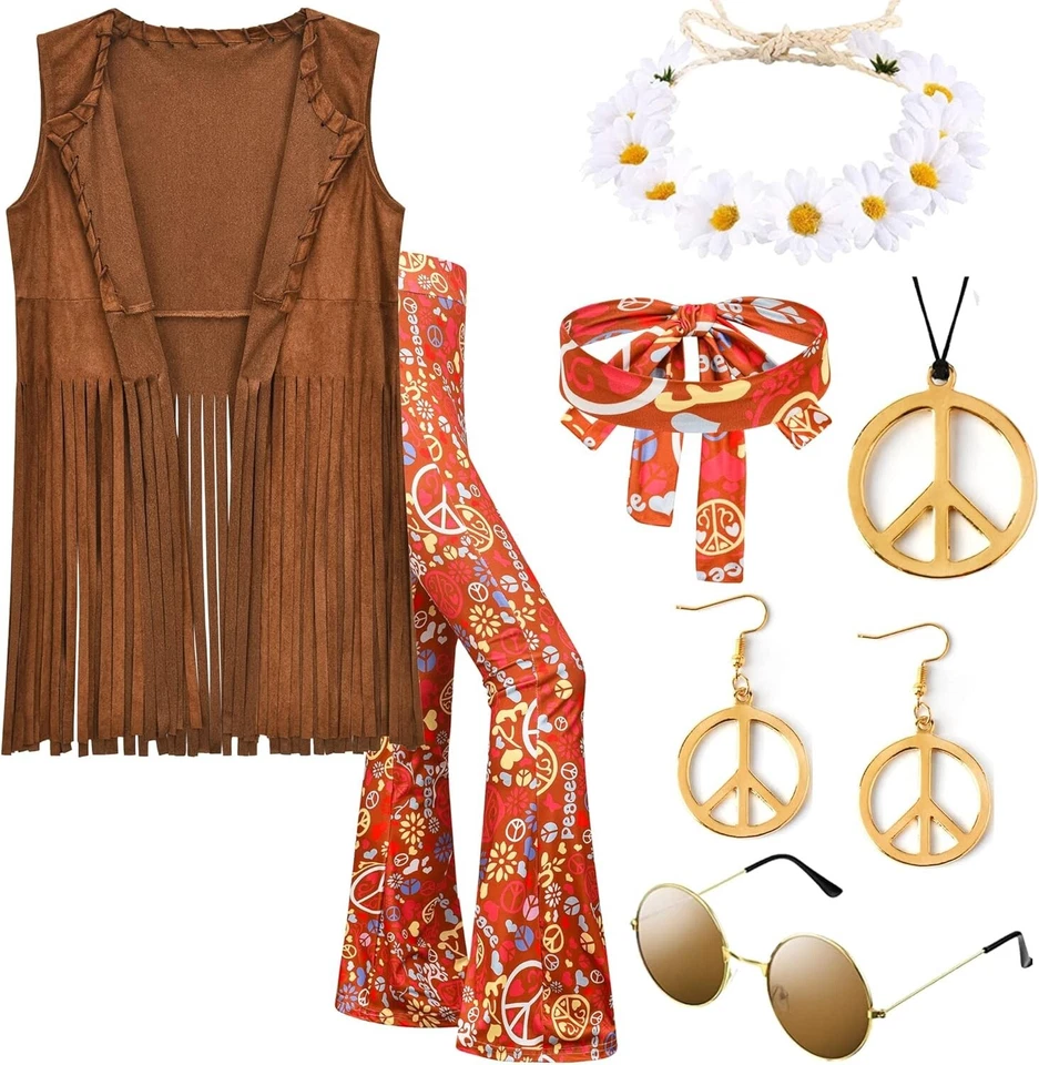 Conjunto de Disfraz Hippie Años 70 7 Piezas con Chaleco con Flecos y Accesorios - Mediano Foto 3 de 4