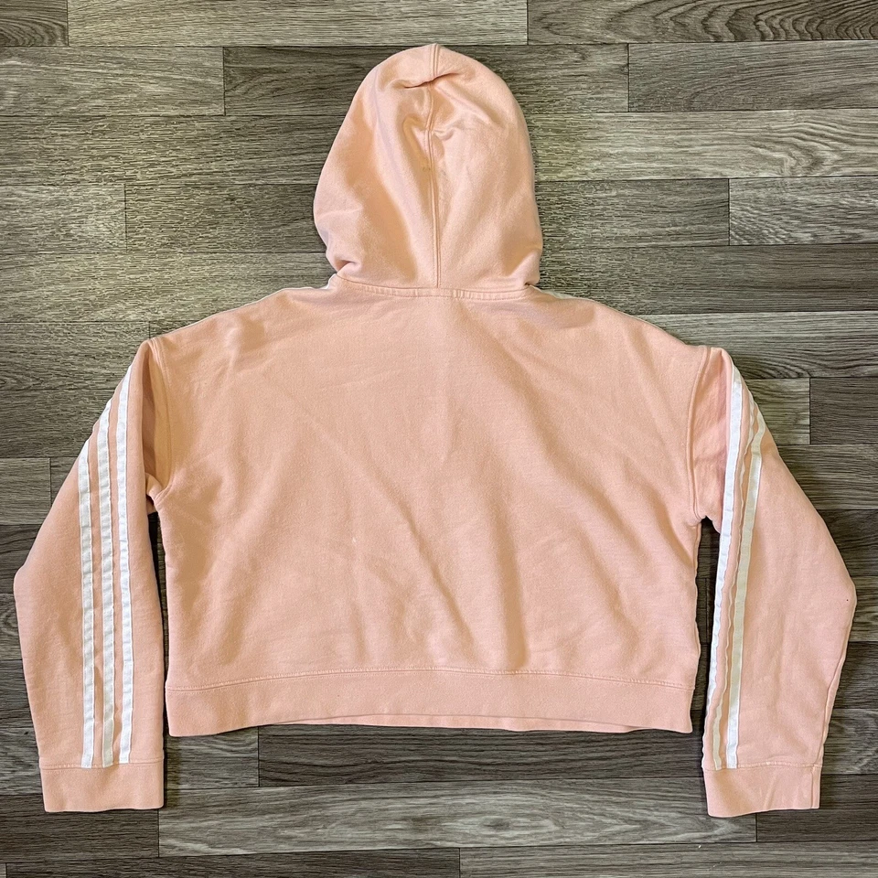 Adidas Cropped Hoodie Sweatshirt Women’s Small Pink White Trefoil Logo 3 Stripes - Image 2 of 4