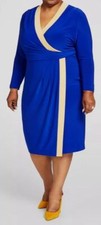 Kasper Womens Blue Ruched Contrast Trim Surplice 3/4 Sleeve Dress Plus Size 2X