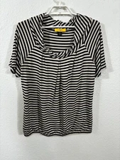 St John Top Womens Medium Striped Short Sleeve Mock Turtleneck Black Beige