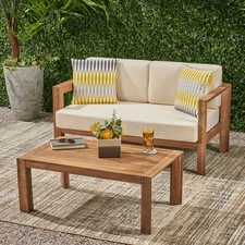 Lucia Outdoor 2 Seater Wooden Loveseat and Coffee Table Chat Set with Cushions,