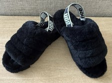 UGG Fluff Yeah Womens Slide Slipper Black Sheepskin Elastic Strap Slingback 6