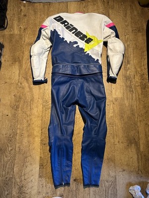 Dainese 2 Piece Leather Motorcycle Suit Road X2 Blue White Neon