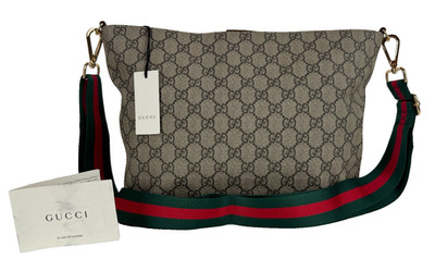 Gucci Auth Small GG Supreme Beige Brown Tote Bag Canvas Web Strap Runway