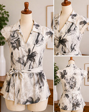 Damen Wickelbluse M/L Beige/Schwarz Blumen V-...