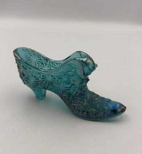 Vintage Fenton Cat Head Daisy & Button Aqua Blue Glass Victorian Shoe Slipper