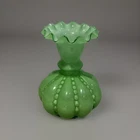 Fenton Vintage 4.5” Beaded Melon Vase Green Overlay Round Ruffled Edge