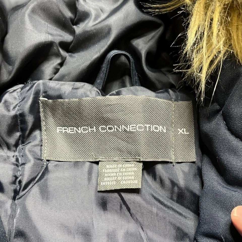 French Connection Mens Navy Hooded Bomber Jacket Faux Fur Trim Zip XL Winter - Image 2 of 4