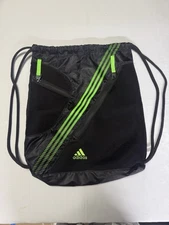 Adidas Draw String Sports Backpack Black And Green 2 Zip Pockets