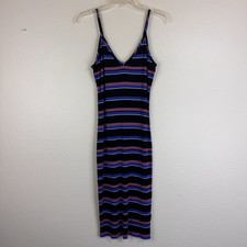 Express Striped Rib Knit Midi Bodycon V-Neck Slip Dress Black Purple Blue M