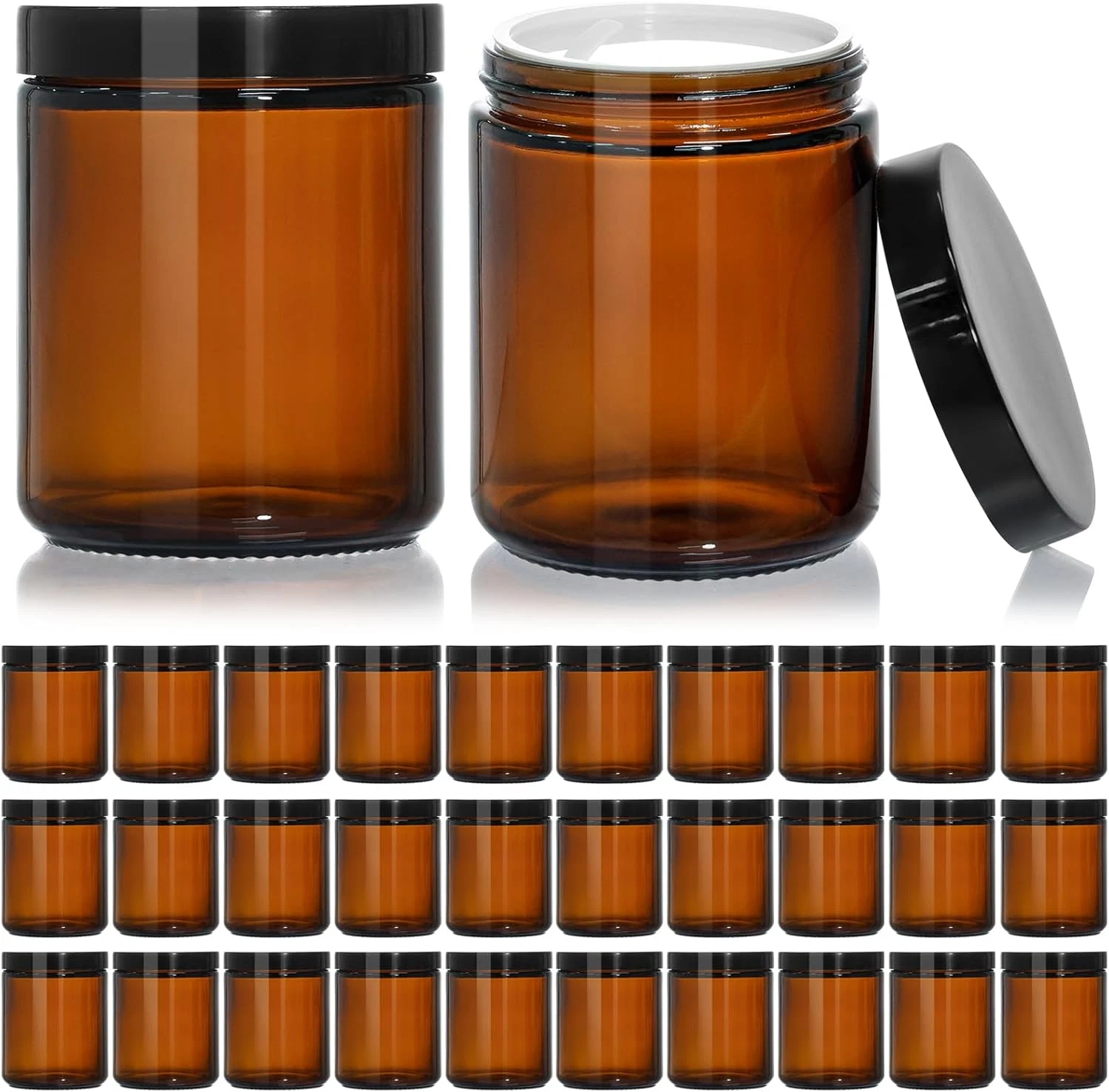 30 Pack 8 Oz Amber Glass Jars with Black Lids for Creams & Powders