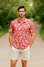 IZOD Men XL Polo Pineapple and Palm Tree all Over Tropical Beachy Preppy Shirt