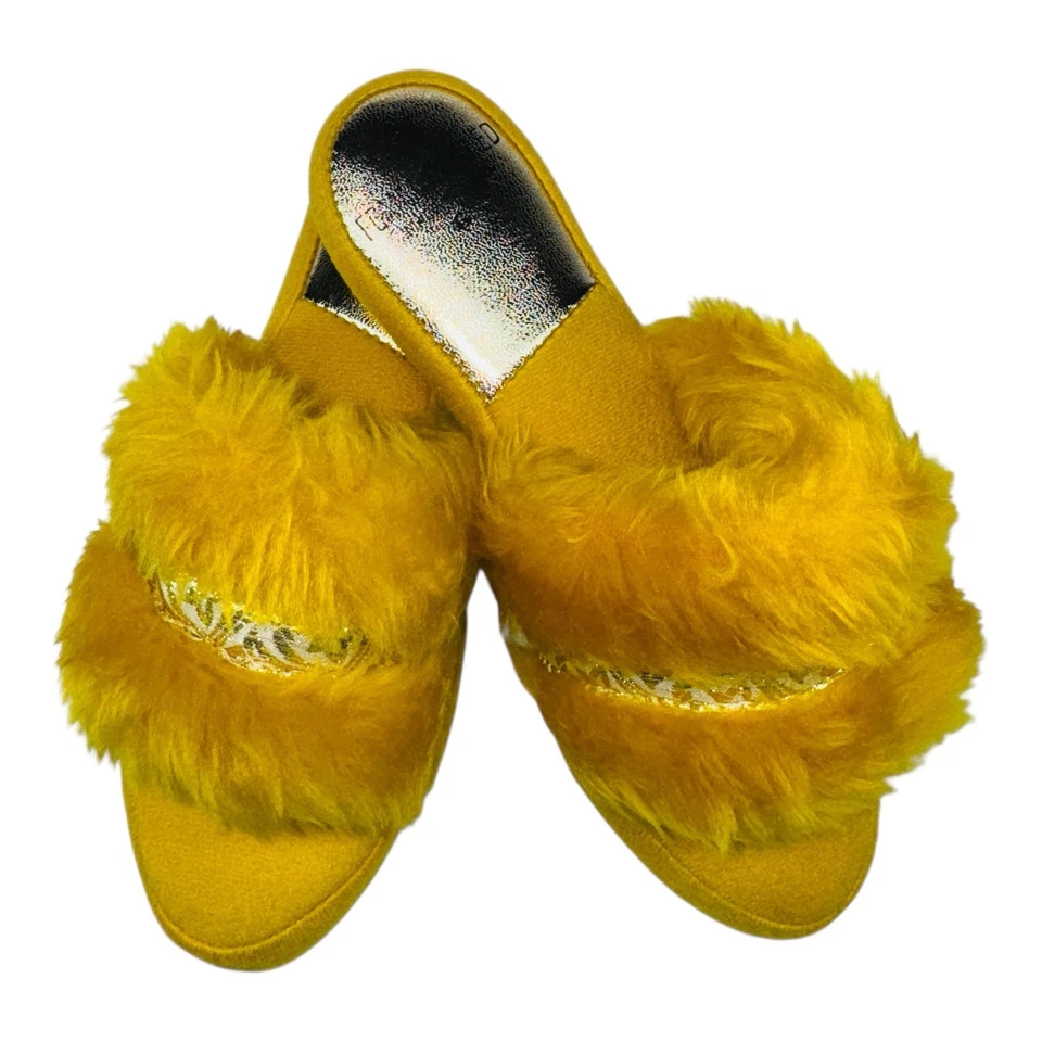 Vintage Womens Sleepycore Cozy Yellow Faux Fur House Slippers Indoor Mule Slides - Image 4 of 4