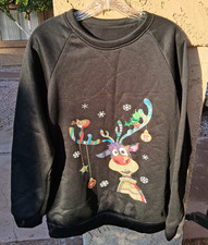 Christmas black sweatshirt, reindeer w ornaments on antlers, sz XL/2X, no tags