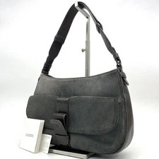 Authentic Loewe One Shoulder Bag Anagram Logo Engraved Suede Leather Gray