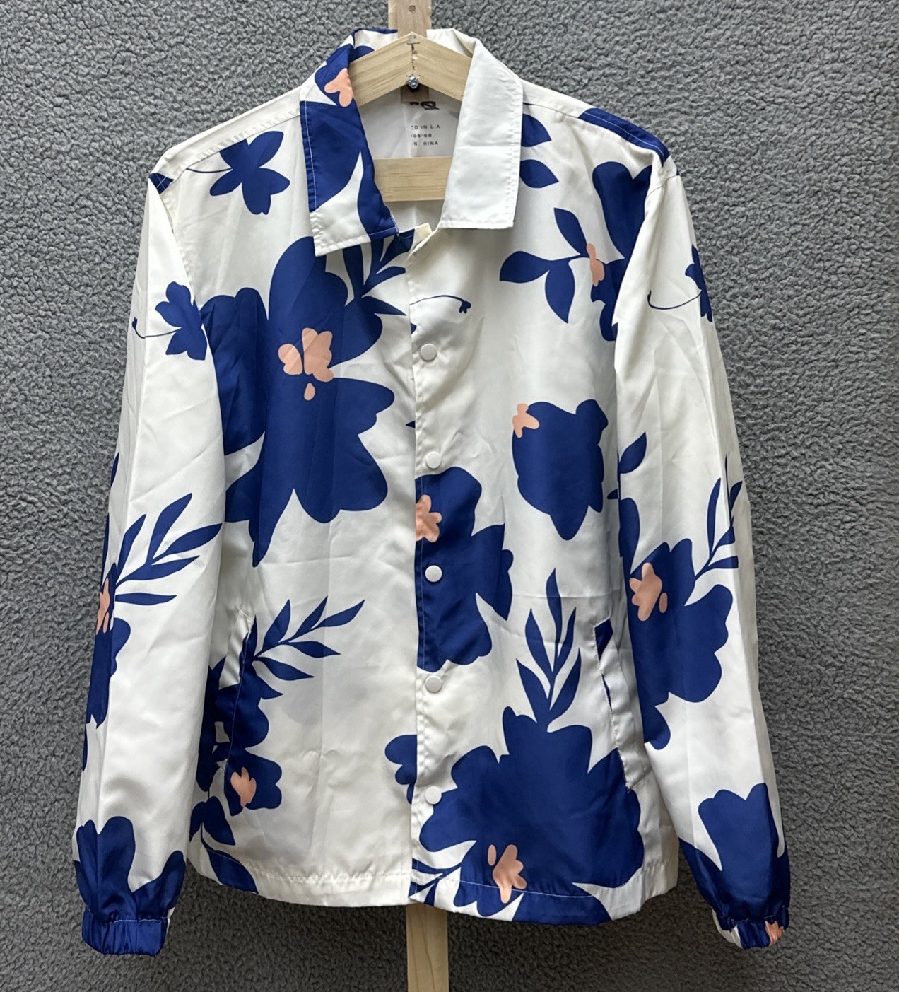 Mens L White Floral Hibiscus Snap Button Collared Lined Pockets