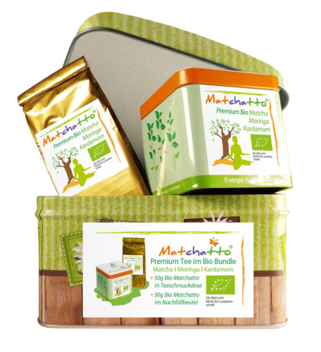 BIO BUNDLE - 100g Matchatto Geschenkbox (Organic Matcha, Moringa & Kardamom Tee) - Bild 1 von 5