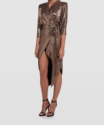 $595 Zhivago Women's Gold "Picture This" Metallic Jersey Wrap Dress Size 2  | eBay
