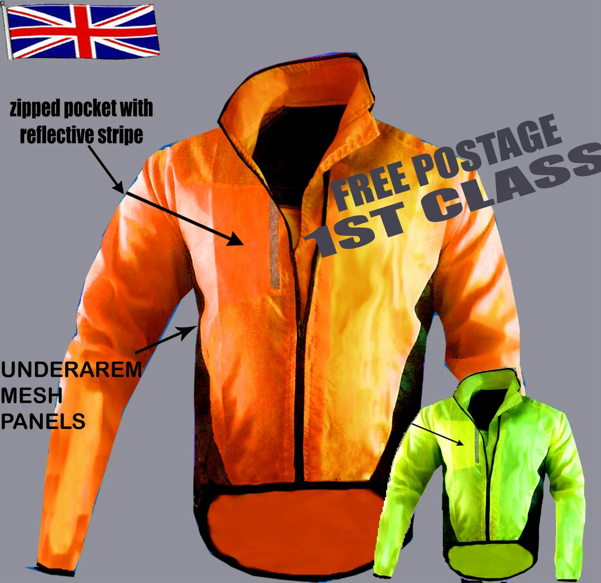 CYCLING JACKET Hi Viz HIGHLY VISIBLE WINDPROOF WATERPROOF BREATHABLE RIDING WALK