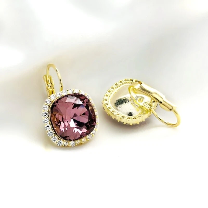 Halo cushion cut plum imitation crystal 18k yellow gold filled hoop earrings - Image 4 of 4