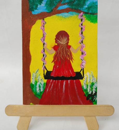 ACEO Original Acrylic Painting A GIRL SWING Miniature Art Card New - Afbeelding 3 van 5