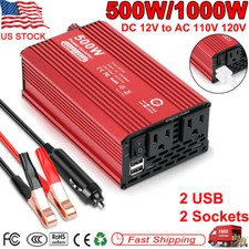 500W 1000W Car Power Inverter DC 12V To AC 110V RV Solar Converter 2 AC Outlets
