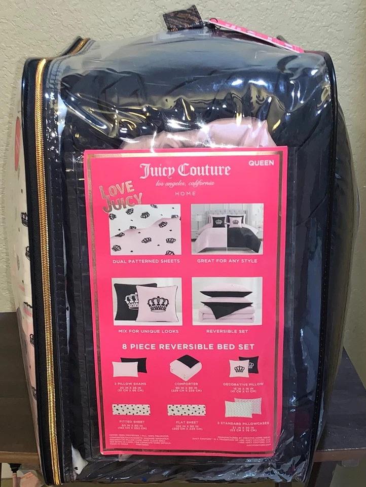 Conjunto de edredom, fronhas, lençóis, travesseiro Juicy Couture preto/rosa reversível 8 peças Queen - Imagem 4 de 4