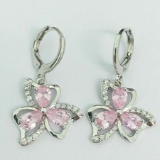 New White Gold Plated Pink Teardrop  Round Cubic Zirconia CZ Dangle Earrings