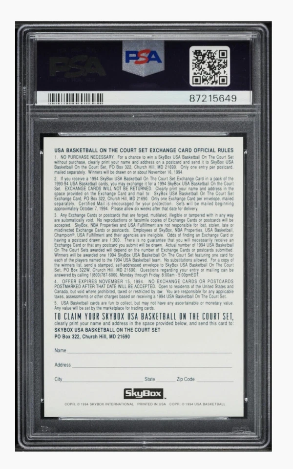 1994 🏀 Skybox USA Exchange Card Olympics TEAM USA Redemption PSA-10 - Image 2 of 3
