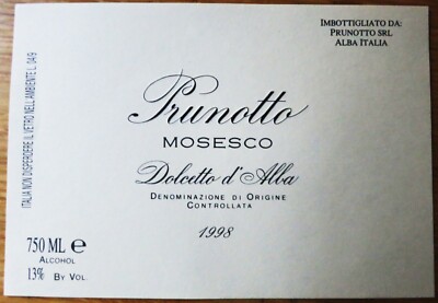 ITALY PRUNOTTO MOSECO Dolcetto d'Alba 1998 wine labels wine label