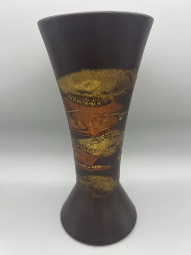 ROYAL HAEGER Earth Wrap Textured Vase Brown Orange Yellow MCM Crackle Glaze 11"