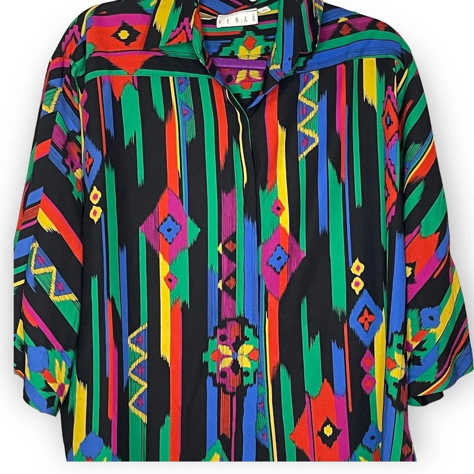 Camisa abotonada Kenar Ann Tjian para mujer 10 multicolor suroeste artística años 90 de colección Foto 4 de 4