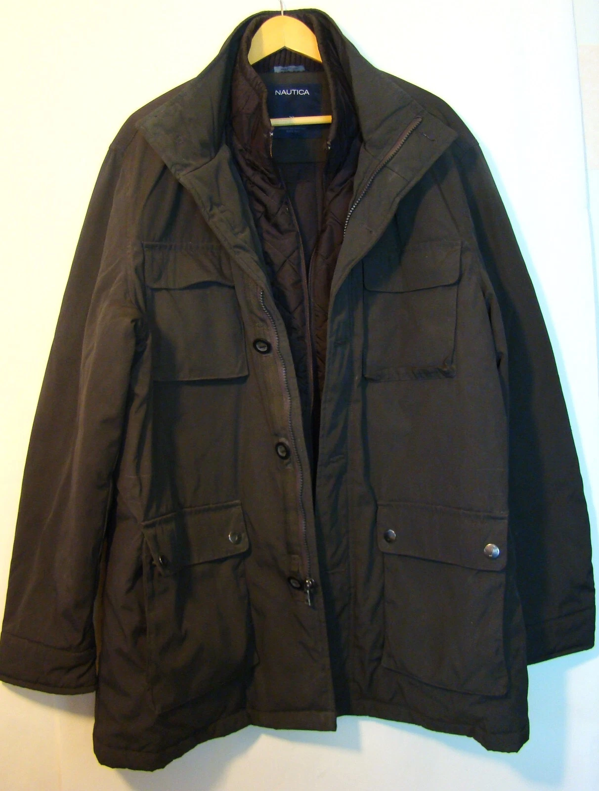 NAUTICA MENS WINTER UTILITY POCKETS COAT BROWN ZIP & BUTTON CLOSURE SIZE XL BC