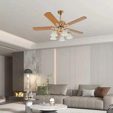 52" Modern Ceiling Fan Light 5 Wood Blades Lamp Chandelier 3-Speed w/Remote