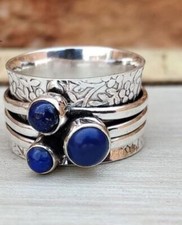 Solid 925Sterling Silver Natural Lapis Lazuli Gemstone Spinner Ring For Her R 69