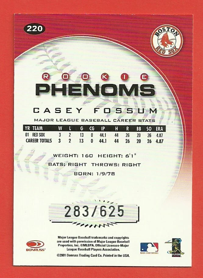 CASEY FOSSUM - 2001 Donruss Class of 2001 #220 RC *Rookie Phenoms* /625 - Image 2 of 2