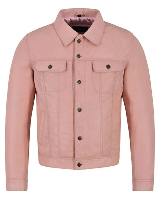 Handmade Casual Men's Baby Pink Genuine Lambskin Leather Shirt Wear Stylish