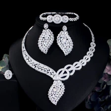 Bold Silver Plated CZ Necklace Earrings Bracelet Ring Jewellery Set for Brides