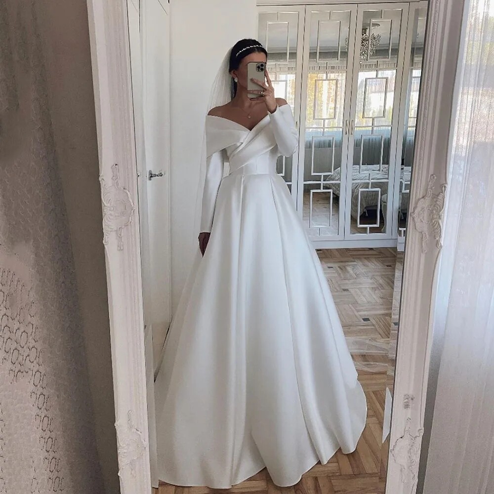 Elegant A-Line Wedding Dresses Off The Shoulder Long Sleeves Satin Bridal  Gowns