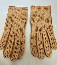 Vintage Women  s Riding/Driving Gloves Crochet Leather Carmel Color EUC