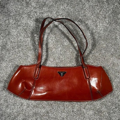 Prada Vintage Glazed Leather Shoulder Bag Burnt Orange Baguette Triangle Logo