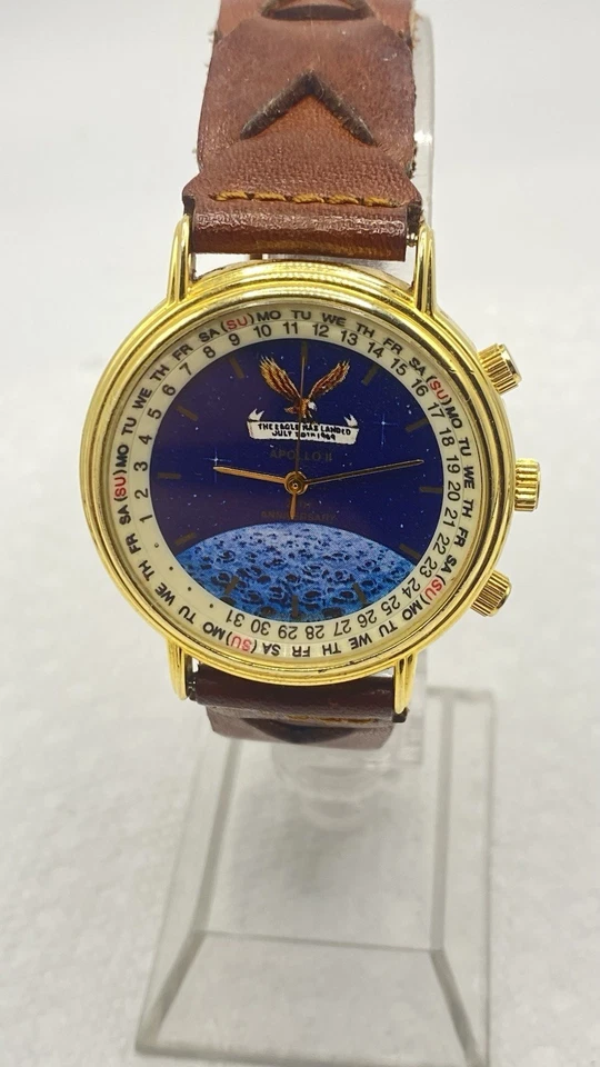 Reloj Apollo ll Hombre 25th Ann Dorado Acero Inoxidable Cuero Marrón WR Día Fecha Funciona Foto 4 de 4