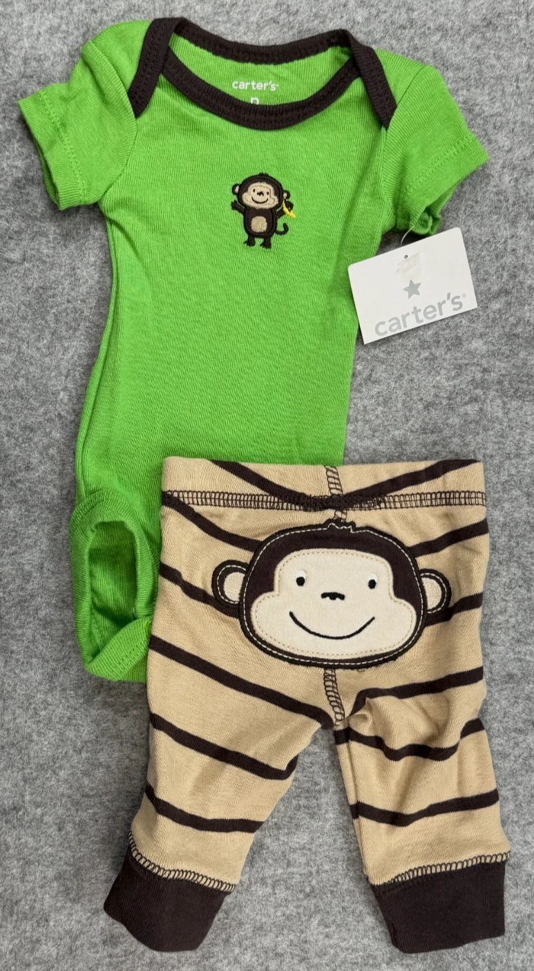 Baby Boy Clothes New Carter's Vintage Preemie 2pc Green Monkey Outfit